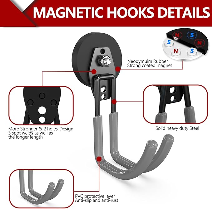 3-H Extra Strong Magnetic Hooks,Heavy Duty Large Anti-Slip Magnet Hooks J Shape,No-Drill Tool Holder for Garage,Power Drill,Garden Tools,Hose Storage,4 Pack Gray
