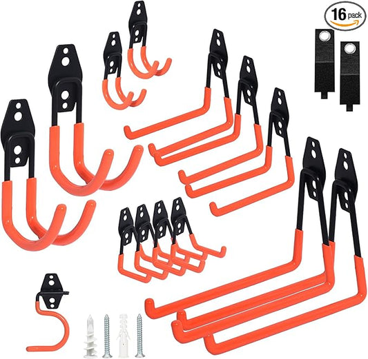 16 Pack Steel Heavy Duty Garage Hooks Storage Hooks with Anti-Slip Coating, Utility Garage Wall Mount Hanger and Organizer for Bikes, Ladder, Rope, Broom, Shovel and Garden Power Tools (16, Orange)