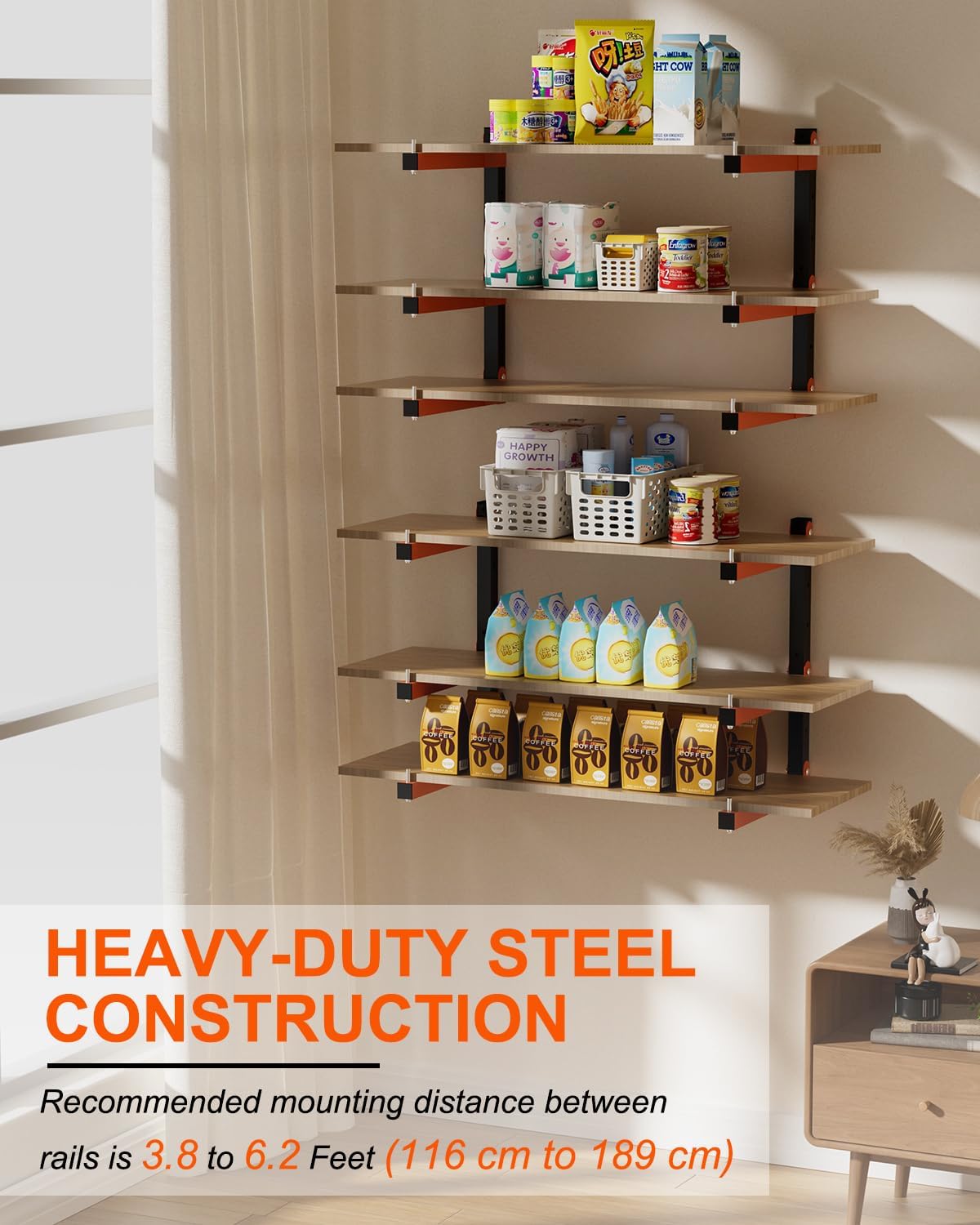 Lumber Storage Rack Wall-Mounted Lumber Racks Heavy Duty Wood Storage Rack with 9-Level Holds Up 1080 LB Sturdy Folding Garage Wood Organizer Orange Shelving Metal Shelf for Indoor & Outdoor- 6 Pack