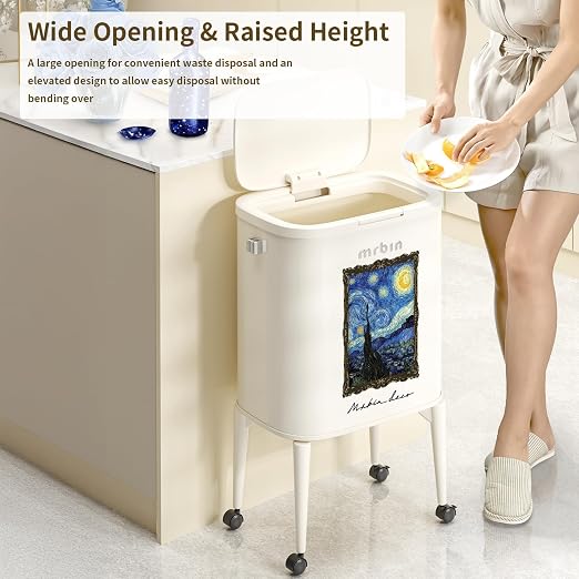 MRBIN Metal Kitchen Trash Can with Wheel Legs, 36L / 9.5gal Medium Press Lid Slim Removable Waste Basket, Pet Proof Tall Narrow Garbage Pail for Vanity, Bedroom, Bathroom, Living Room, Starry Night