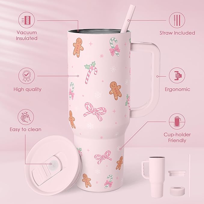 SANDJEST Christmas Theme 40oz Slider Tumbler with Handle and Straw - Insulated Stainless Steel Travel Coffee Mug for Women Girls, Gift for Birthday Xmas