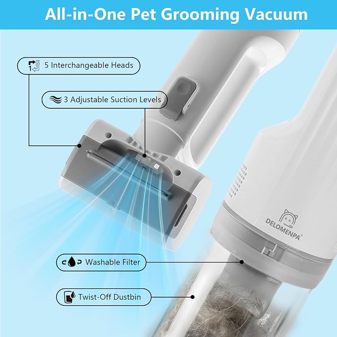 Deshedding Brush with Vacuum Suction, 5-in-1 Pet Hair Removal Tool for Dogs Cats, Cordless Undercoat Rake Removes Loose Hair, 9Kpa Pet Vacuum Cleaner for Furniture Carpet (white bag)