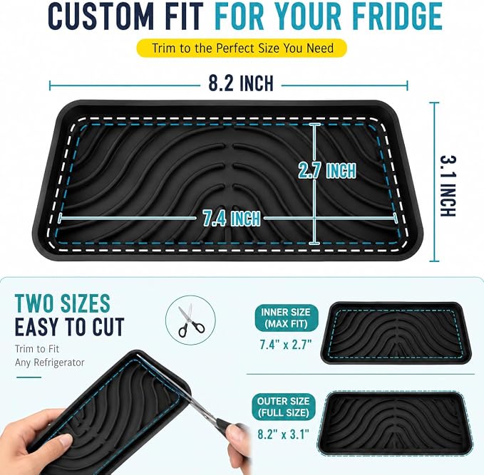 Refrigerator Leak Protection Set, 1 Under Fridge Mat (37.5" x 8.5") + 2 Silicone Refrigerator Drip Trays, Black Non-Slip Textured Floor Protector &Water Dispenser Tray