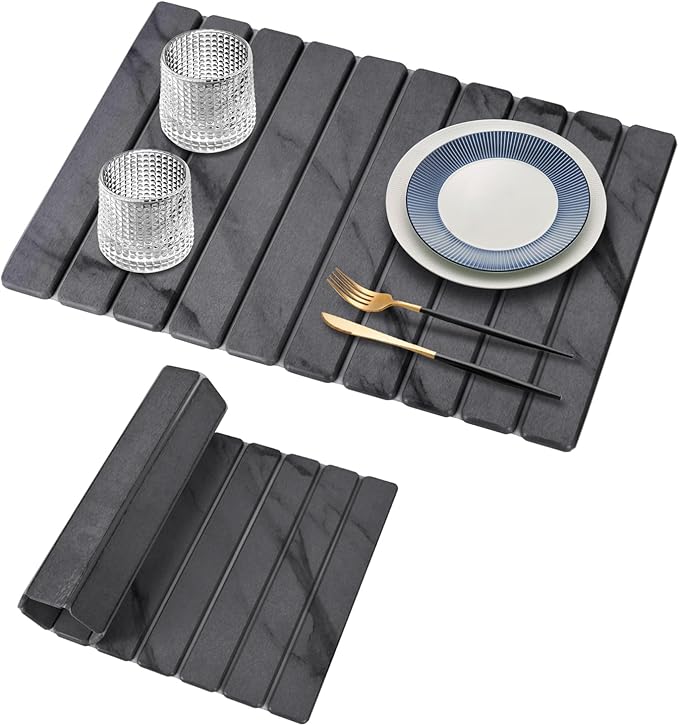Large Stone Dish Drying Mats for Kitchen Counter, 24"(L)×16"(W) Marble, Drying Collapsible Dish Drying Mat, Eco-Friendly Absorbent Diatomaceous Earth Mats for Dishes Bottles Cups - Dark Grey
