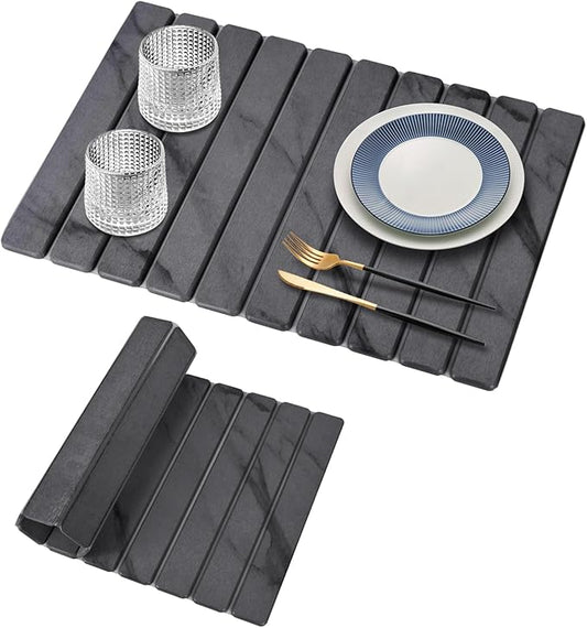 Large Stone Dish Drying Mats for Kitchen Counter, 24"(L)×16"(W) Marble, Drying Collapsible Dish Drying Mat, Eco-Friendly Absorbent Diatomaceous Earth Mats for Dishes Bottles Cups - Dark Grey