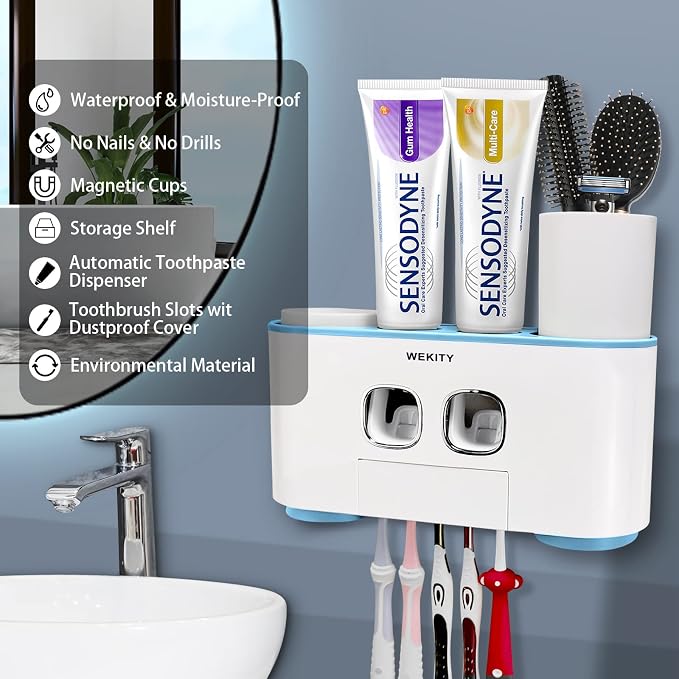 Toothbrush Holder Wall Mounted, WEKITY Multi-Functional Toothbrush and Toothpaste Dispenser for Bathroom, with 5 Toothbrush Slots and 4 Wall Adhesives, 2 Toothpaste Squeezers and 4 Cups