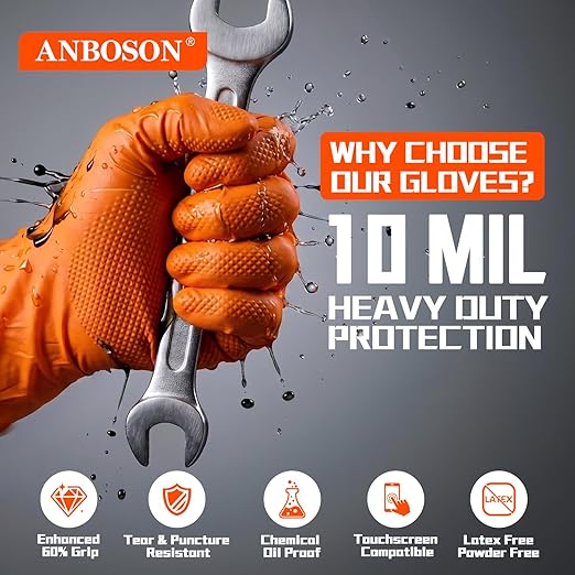 ANBOSON 10mil Nitrile-Gloves Disposable-Orange Chemical-Resistant Rubber - Mechanic Gloves Heavy Duty, Latex Free, Diamond Grip (100, Medium)
