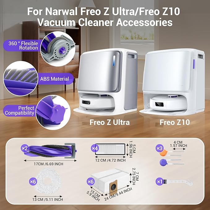 Freo Z10 Ultra Replacement Parts for Narwal Freo Z10 Ultra/Narwal Freo Z10 Robotic Vacuum Cleaner Parts with 2 Roller Brush,4 HEAP, 6 Mops, 6 Dust Bags, 6 Side Brushes,1 Clean Brush