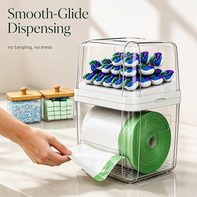 Trash Bag Holder and Dishwasher Pod Dispenser with 2 Bamboo Lid Storage Containers, Clear Acrylic Under Sink Organizer for Garbage Bags, Laundry Detergent Pods & Tabs, Kitchen Pantry Laundry Room