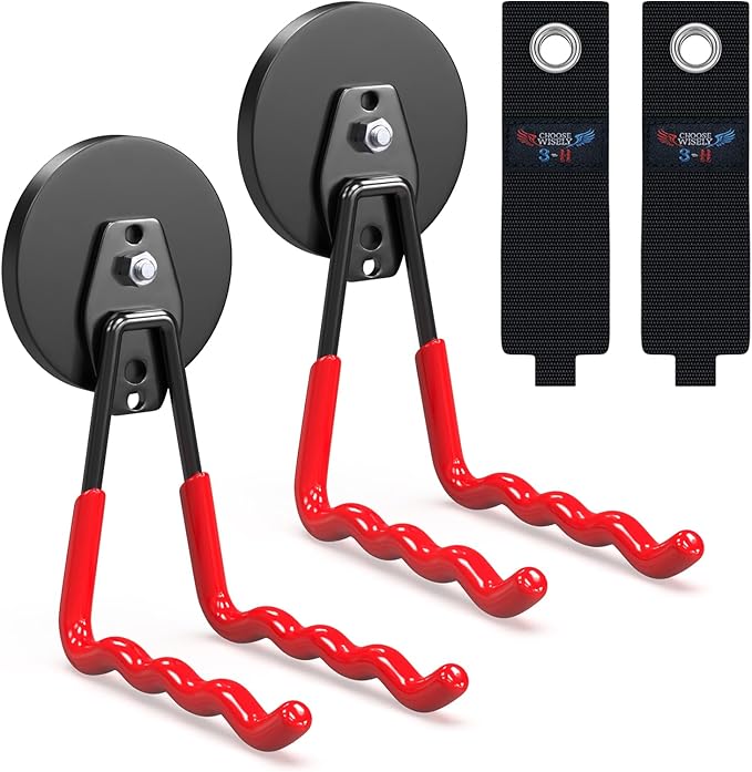3-H Extra Strong Magnetic Hooks,Heavy Duty Large Anti-Slip Magnet Hooks Wave Shape,No-Drill Tool Holder for Garage,Power Drill,Garden Tools,Hose Storage,2 Pack Red