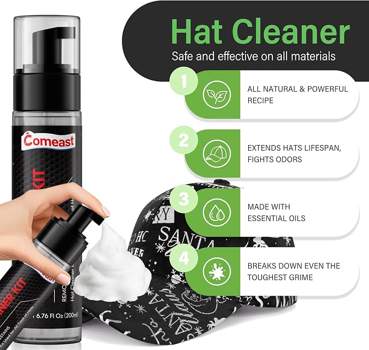 Hat Cleaner Kit,Ready-To-Use Foam,Quick Drying for Cleaning Baseball Caps of All Materials Cotton,Wool,Leather,Felt and More Cleans 50+ Hats (Cleaner 6.76oz+Deodorizer 6.76oz,Towel,Brush)