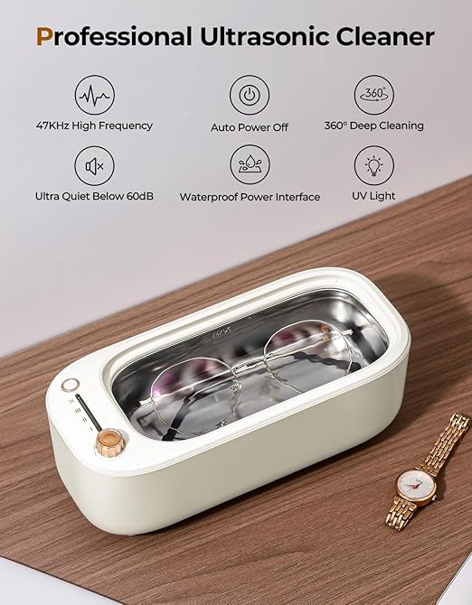 400ml Ultrasonic Cleaner Machine for Jewelry, Professional Electric Mini Cleaning Device with UV Light & 4 Modes for Glasses, Ring, Denture, Invisalign & Makeup Brush - Ivory