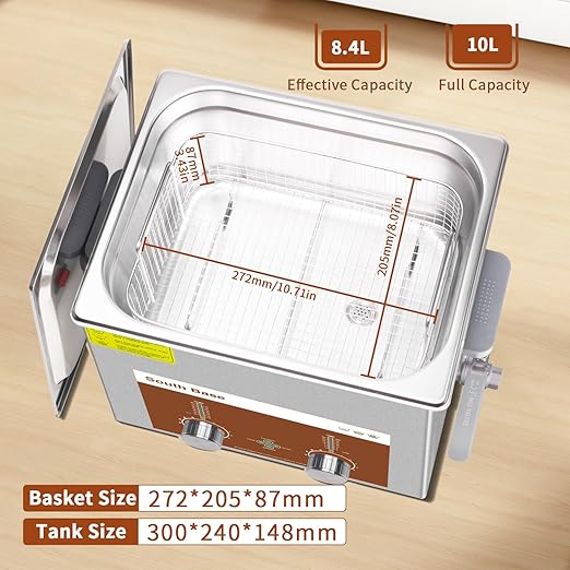 SOUTH BASE Ultrasonic Cleaner,10L 240W Stainless Steel Sonic Cleaner with Cleaning Basket,Timer&Heater,Encoded Ultrasonic Cleaning Machine for Cleaning Parts,Jewelry,Eyeglasses,Chain