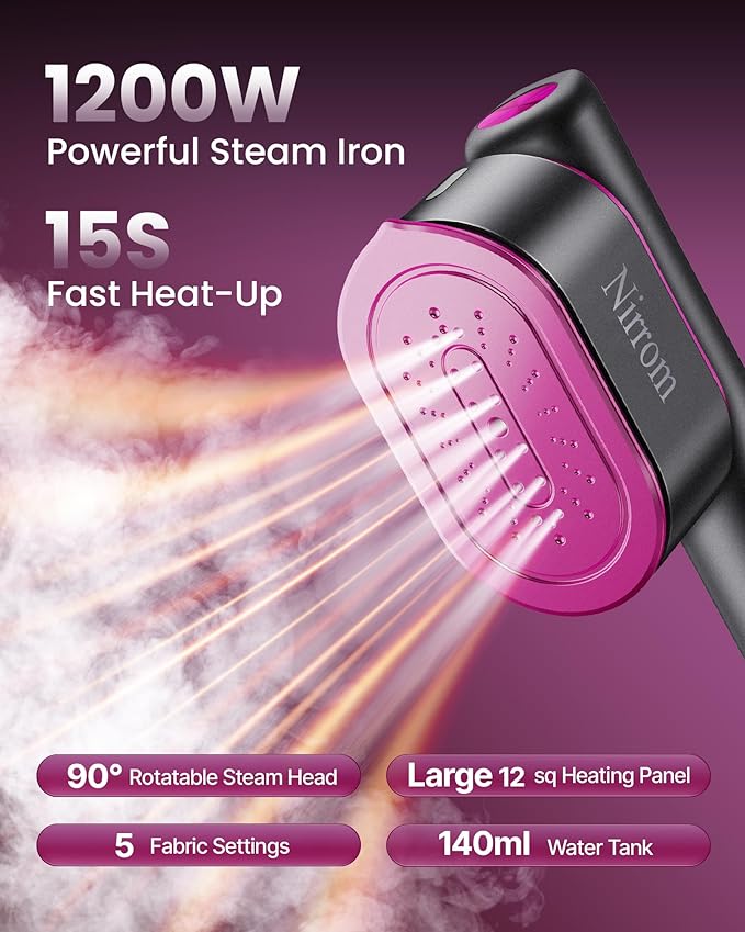 Travel Steamer for Clothes, 110-240V Dual Voltage, 1200W Fast Heat in 15s, Portable Handheld Garment Steamer & Iron 2 in 1 with 140ml Tank & 5 Fabric Settings for Business, Global and Europe
