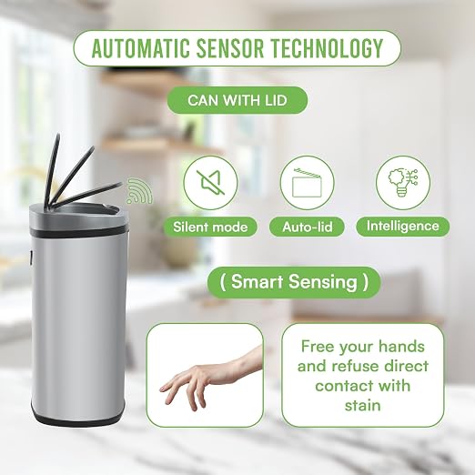 24/7 Shop at Home Freeway 13 Gallon Metal Household Trash Can Motion Sensor Lid for Kitchen, Silver