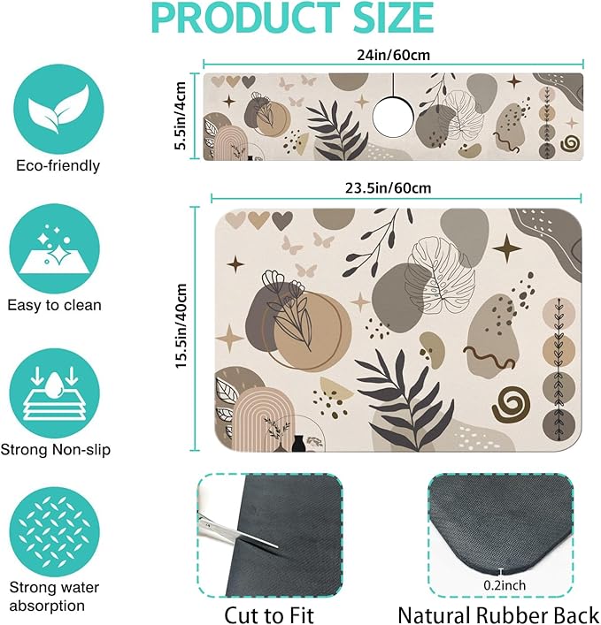 Dish Drying Mat for Kitchen Counter Matt, 2PCS 23"x15" Dish Drainer Mat & 24"x5.5" Sink Splash Guard, Super Absorbent Non-slip Rubber Backed