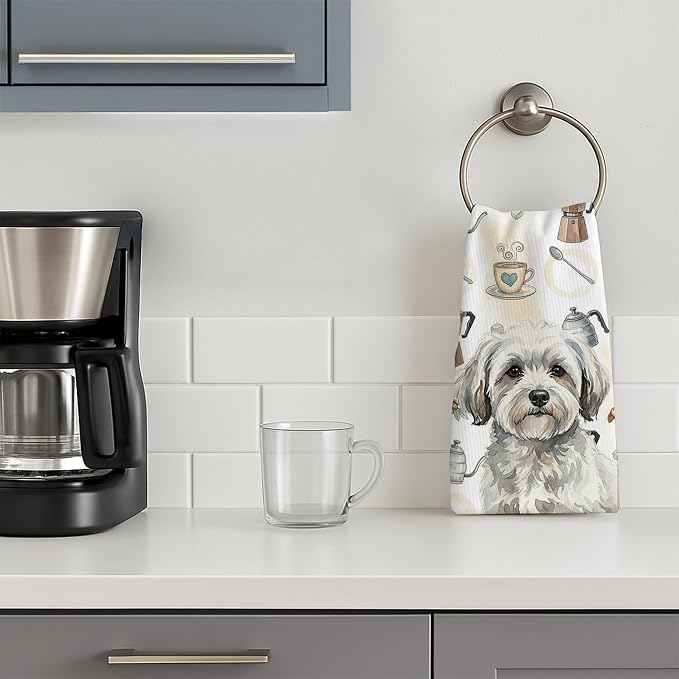 Caroline's Treasures White with Gray Coton de Tulear Coffee Bar Kitchen Towel Velour Plush Front and Cotton Loop Back Machine Washable