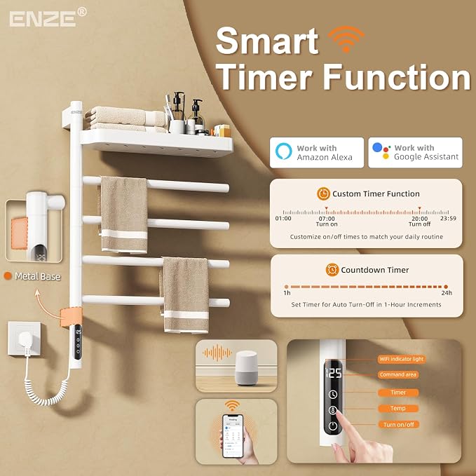 ENZE Smart Rotating Heated Towel Rack for Bathroom, 4-Bar Wall-Mounted Electric Towel Warmer with Swivel Shelf, Wi-Fi App Control, 24H Timer, Stainless Steel, IPX5, Hardwired/Plug-in, White
