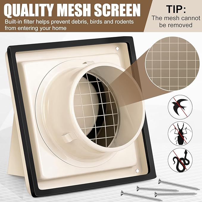 Gisafai 4" Outside Dryer Vent Cover for Exterior Walls Exhaust Vent Cap with Removable Extension Pipe Stainless Steel Hood Cushioned Non Return Flap with Sealing Gasket Grille Screen, Tan
