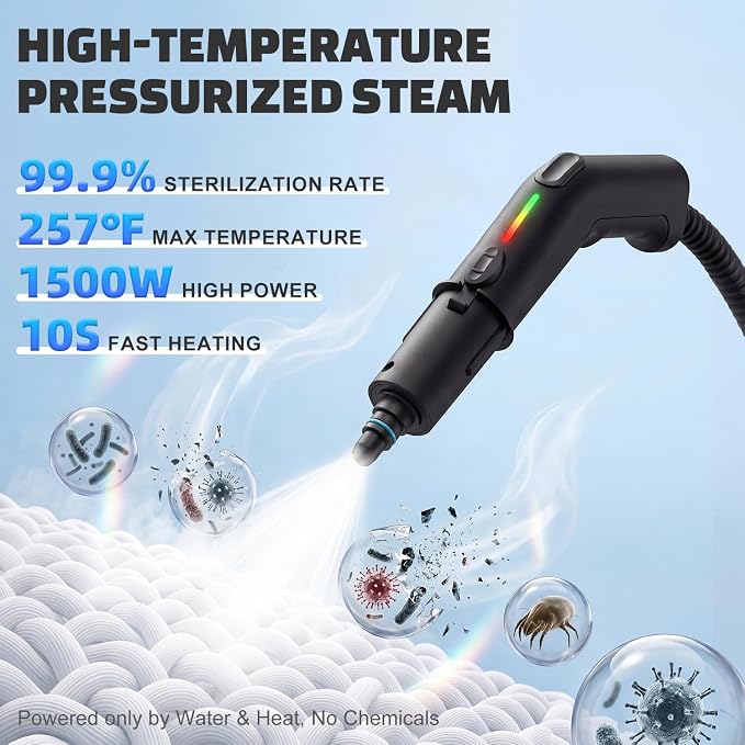 Handheld Steam Cleaner with On-Handle Control & Digital Display | 3 Level Pro Steam for Grease, Tile, Carpet | 45oz Tank, 10 Attachments for Home, Car, Kitchen Deep Cleaning (White)