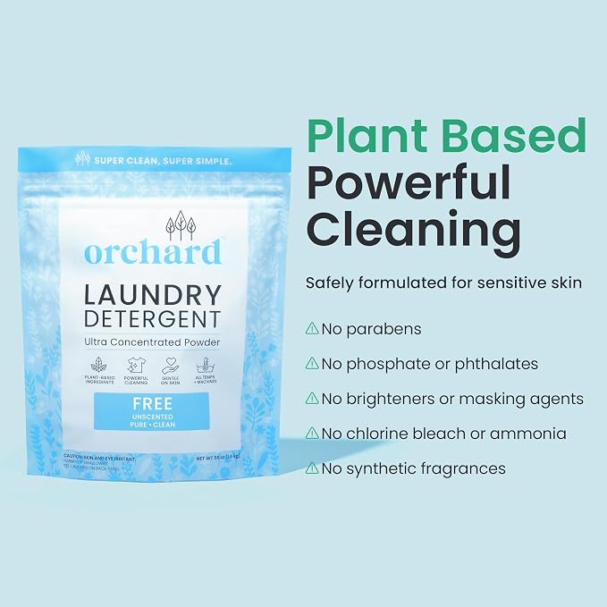 Orchard Laundry Detergent Powder Natural Deep Cleaning Laundry Powder for Sensitive Skin - Fragrance Free - Plant Based Effective Ingredients - 90 Loads - Enzyme-Powered, Eco Friendly Detergent