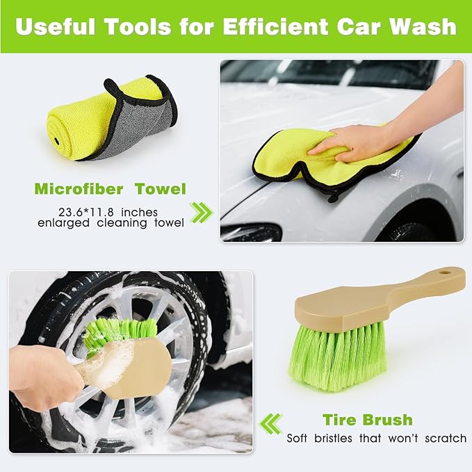 Car Wash Brush Kit with 15° Curved Long Handle, Car Cleaning Kit with 2 Replaceable Car Washing Mop, Wash Sponge, Mitt, Towel, Tire Brush, Cleaning Tools for Cars RV SUV Truck (Green)