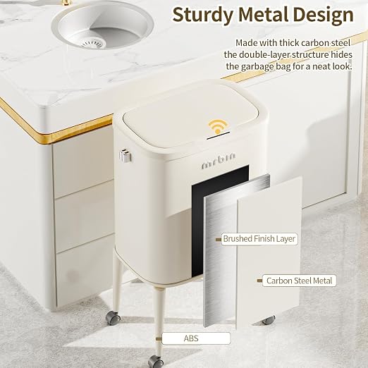 MRBIN Metal Motion Sensor Kitchen Trash Can with Wheel Legs, Medium Press Lid Slim Waste Basket 36L / 9.5gal, Narrow Garbage Pail for Vanity, Bedroom, Bathroom, Living Room, Almond Blossom