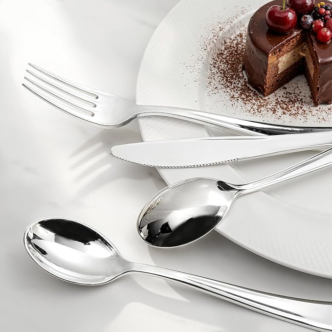 Liacere 200Pcs Silver Plastic Cutlery - Silver Plastic Silverware- Disposable Silverware - 100 Forks, 50 Spoons, 50 Knives Perfect for Wedding ＆ Party