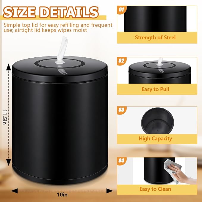 Tandefio Stainless Steel Countertop Wipe Dispenser Fits Wipes on Rolls 10 x 11.5 Inch Round Tissue Holder Refillable Tabletop Cylinder Container for Fitness Clubs Gym Schools Daycares (Black)