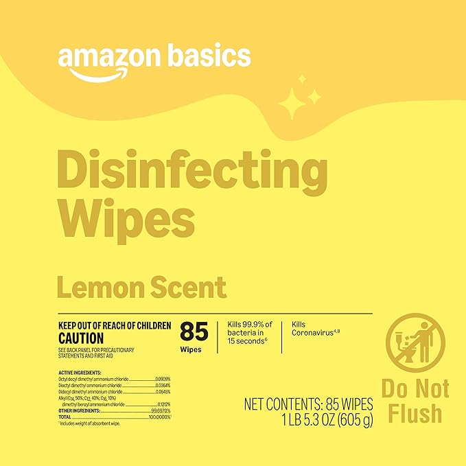 Amazon Basics Disinfecting Wipes, Lemon Scent, Thick Cleaning Wipes, Sanitizes/Cleans/Disinfects/Deodorizes, 255 Count (3 Packs of 85)