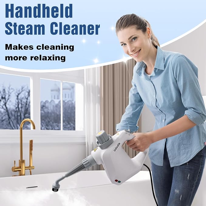 Handheld Steam Cleaner, versatile and portable design, comes with a safety lock and a 10-piece accessory set to easily remove dirt and grease (white).