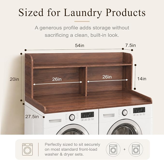 Royxen Laundry Countertop with 20" Shelf Universal Fit, Washer and Dryer Countertop with Storage Space, Laundry Room Storage (Walnut)
