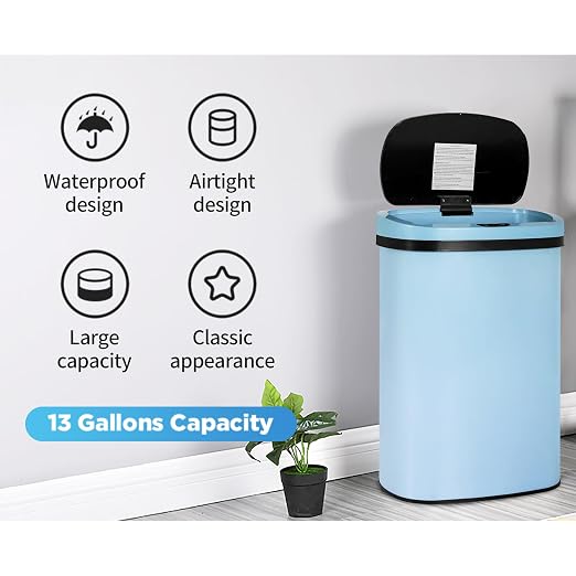 24/7 Shop at Home Freeway 13 Gallon Metal Household Trash Can Motion Sensor Lid for Kitchen, Blue