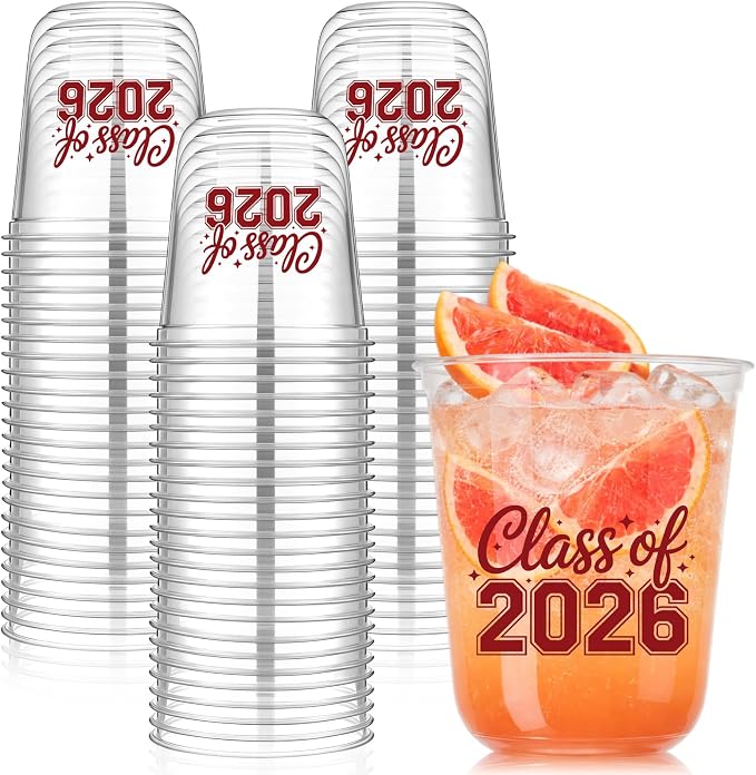Potchen 50pcs Graduation Cups Class of 2026 12oz Clear Plastic Graduation Party Cups for 2026 Celebration Party Supplies Congrats Grad Tableware Decoration(Maroon)