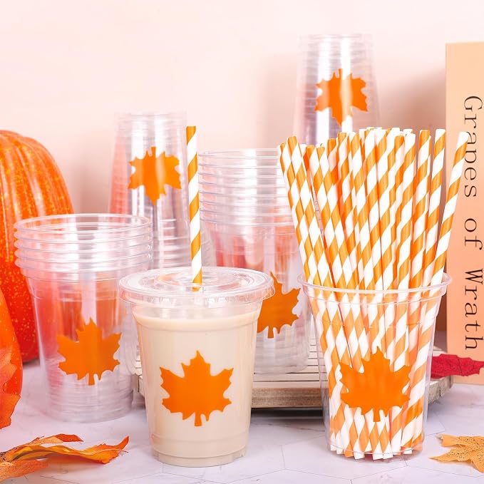 Whaline 50 Pcs 12 Oz Fall Maple Leaf Plastic Cups with Lids and Straws Autumn Classic Maple Cup Clear Orange Leaves Cold Beverage Drinking Cups for Fall Theme Harvest Thanksgiving Party Supplies