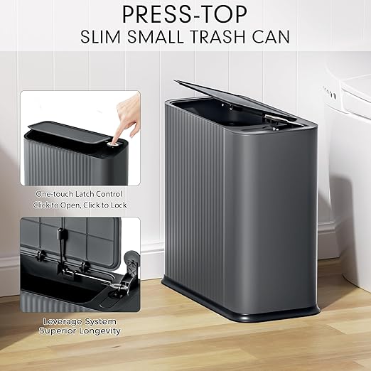 Bathroom Trash Can with Lid 13 Liter/ 3.5 Gallon Dark Gray Trash Can with Pop-Up Lid Bedroom Trash Can Small Garbage Can with 150 Counts Trash Bags for Small Bathroom Bedroom Office