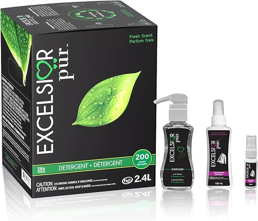 Excelsior Pür 7.5x Ultra Concentrated Liquid Laundry Detergent, 2.4 L / 200 Loads, All-in-One Formula with Odor Suppressant, Includes 120 mL Stain Remover + Eco Dispenser