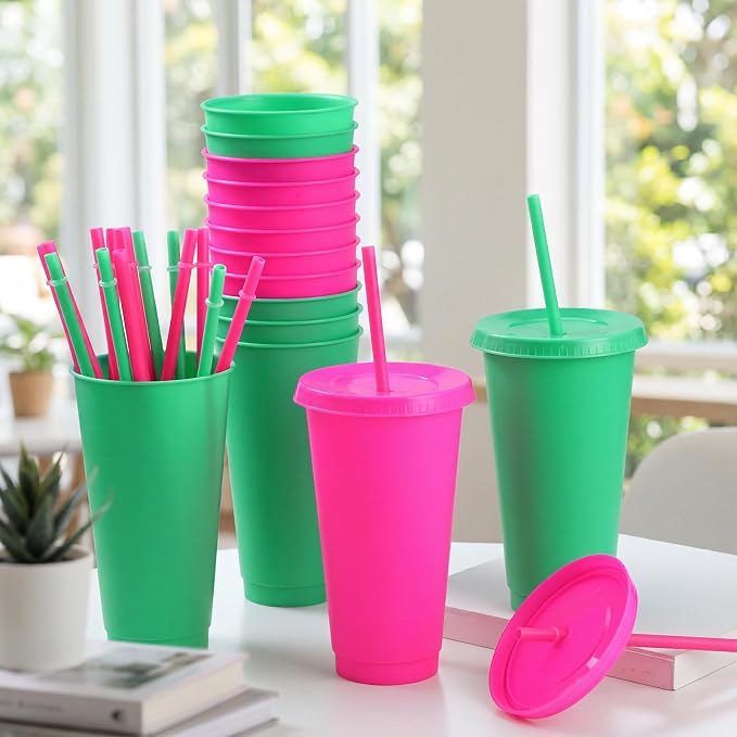 Honeydak 30 Pack Tumbler with Straw and Lid Bulk Cups for Gifts Water Bottle Iced Coffee Travel Mug Cup Reusable Plastic Tumblers for Party Birthdays 24-27 oz (Cyan and Rose Red Color)