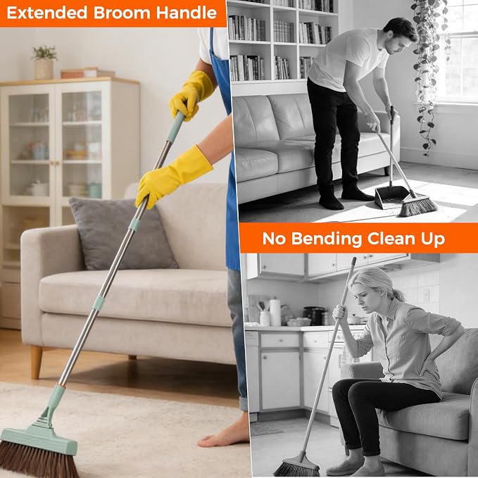Broom and Dustpan Set with Adjustable Handle, Upright Design, Built-in Comb Teeth, Mint Green, for Home Office Hardwood Floors Pet Hair (Green/Gray)