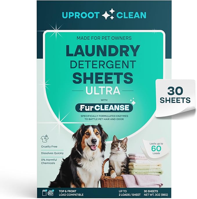 Uproot Clean Laundry Sheets Ultra - 30 Pack - Fragrance-Free: Extra-Large Enzyme-Powered Laundry Detergent Sheets Travel Pack - Eliminate Clinging Fur, Pet Odors, & Messy Residue - Up to 60 Loads