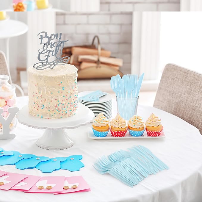 Kochorie 90 Pieces Light Blue Plastic Cutlery Set Disposable Plastic Utensils Heavy Duty Flatware Set Includes 30 Knives 30 Forks 30 Spoons for Wedding Birthday Baby Shower Party Supplies