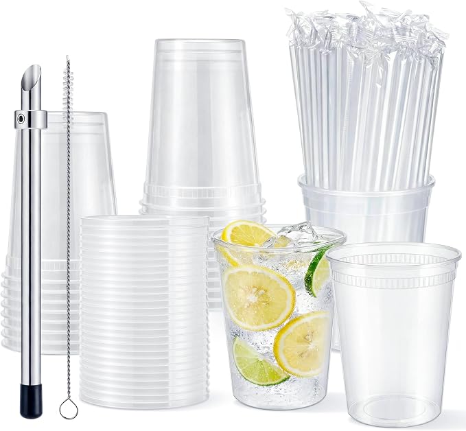 25 Set Lemonade Stand Supplies with Leak-proof 32oz Plastic Cups & Lids, Straws, Straw Hole Puncher - for Outdoor Drink Stall, Summer Party & Fast Food Business, Concession Business