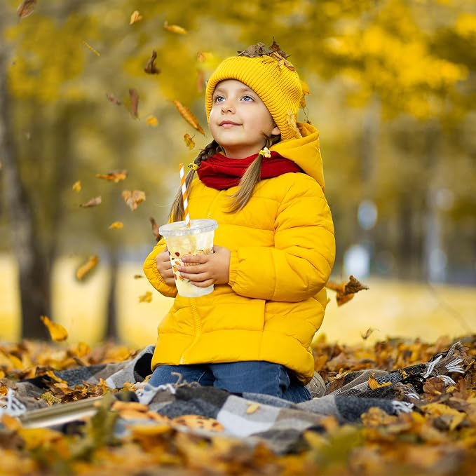 Whaline 50 Pcs 12 Oz Hello Fall Plastic Cups with Lids and Straws Autumn Maple Leaves Cold Beverage Drinking Cup for Harvest Thanksgiving Party Supplies