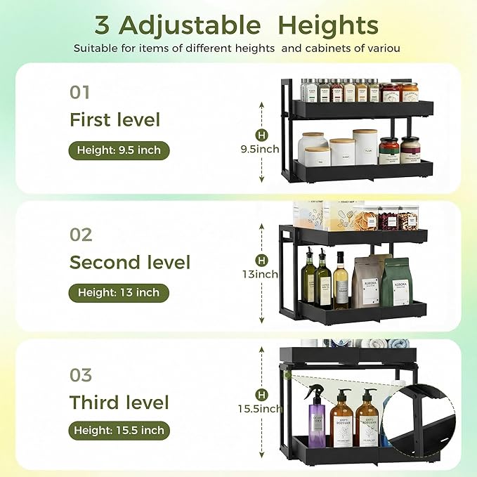 Abalter Expandable Pull Out Cabinet Organizer,2-Tier Slide Out Drawer for Kitchen Cabinets,Adjustable Width 12–18.5",Slide Out Shelves for Kitchen Countertop, Bathroom, Pantry, Heavy Duty Caddy(Black)