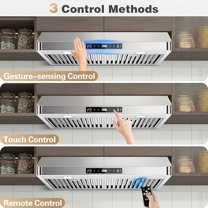 SNDOAS Under Cabinet Range Hood 30 inch,Stainless Steel Ducted/Ductless Range Hood with Touch/Gesture/Remote Control,700CFM & 3-Speed Kitchen Stove Vent Hood,Baffle Filters,3 Air Vents