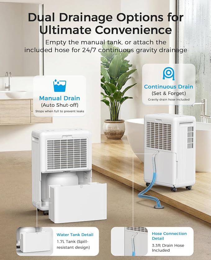 Trazico 30 Pint Dehumidifier for Basement with Drain Hose Up to 2000 Sq.Ft | Quiet Dehumidifiers for Home Large Room Bedroom Bathroom, Intelligent Humidistat, 3 Modes, 24H Timer, Auto Defrost
