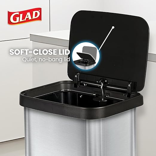 Glad Step Trash Can, Soft Close Lid Bin with Odor Protection, 20 Gal, Stainless
