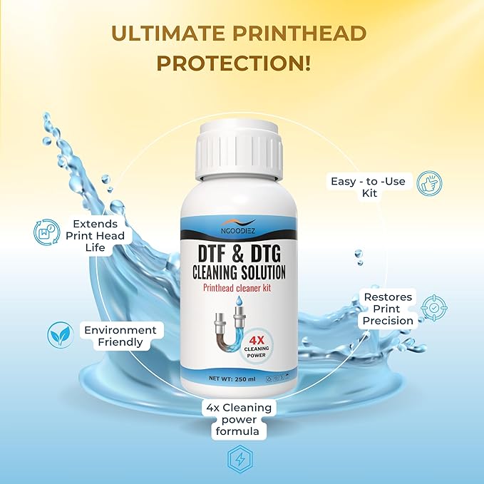 NGOODIEZ DTF Printhead Cleaning Solution Kit for Epson ET-8550 L1800 XP-15000 | DTF DTG Printer Head Cleaner Dissolves White Ink Clogs | Restores Print Quality & Extends Printhead Life - 250mL