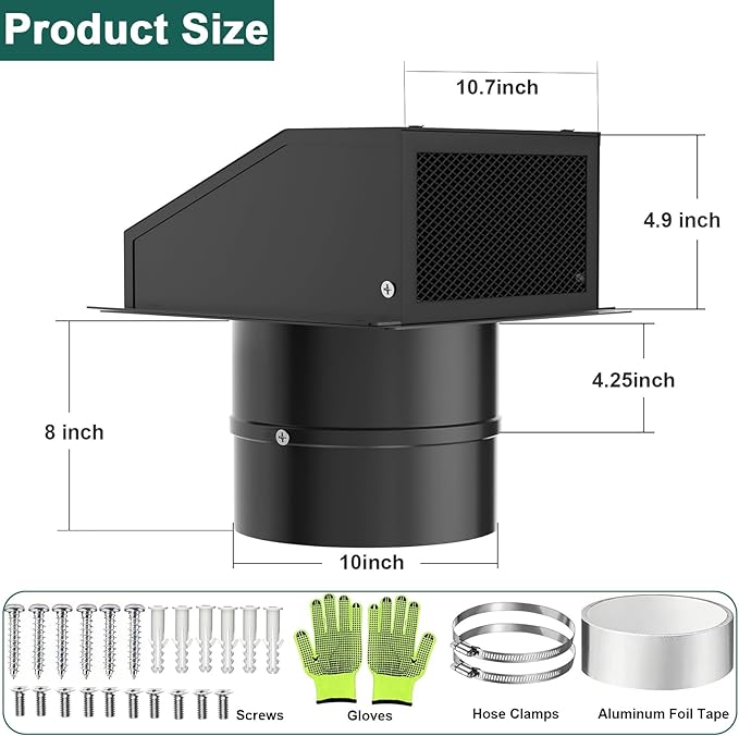 10 Inch Hooded Wall Vent Cover with Screen and Damper, Galvanized Steel Outdoor Wall Exhaust Vent Cover Cap Black for Dryer Bathroom Fan Range Hood HVAC Duct Ventilation (Includes Tape & Clamps)