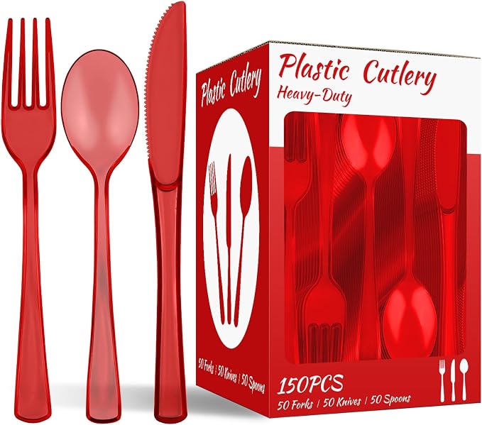 150 PCS Plastic Silverware Disposable Silverware Heavy Duty Utensil Sets 50 Of Each Forks Knives & Spoons Disposable Cutlery Set For Easter,Birthday,Baby Shower,Garden Party,Wedding(150,Red)